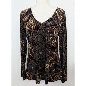 Carole Little Womens Velvet Burnout Top Medium Ruffle Brown Paisley Semi Sheer